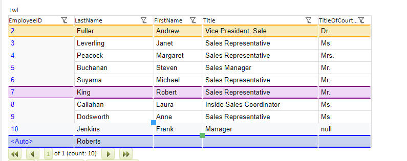 Light Weight List showing dirty, deleted, new, and error rows with background colors